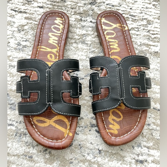Sam Edelman Shoes - New Sam Edelman Bay Black Leather Slide Sandals Size 6 Double Logo Backyard BBQ